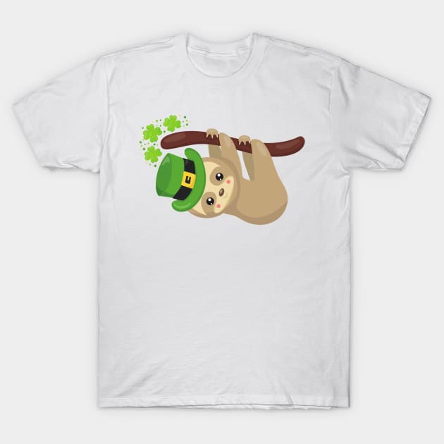 Saint Patrick's Day Sloth, Leprechaun Hat, Clovers T-Shirt by Jelena Dunčević